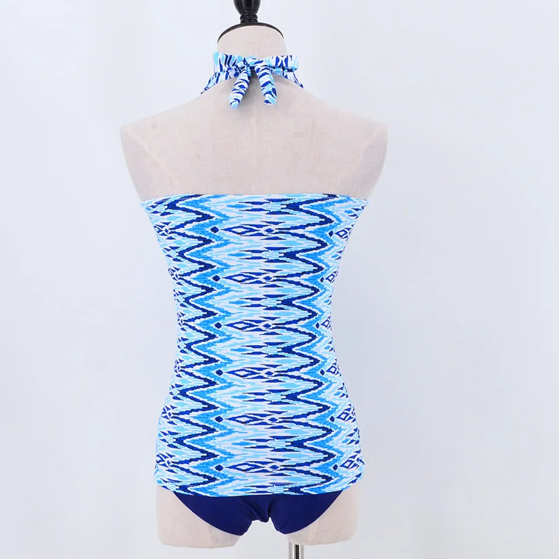 Топ c бретелькой через шею купальник 2017 Новый синий печать Танкини набор женщин с
