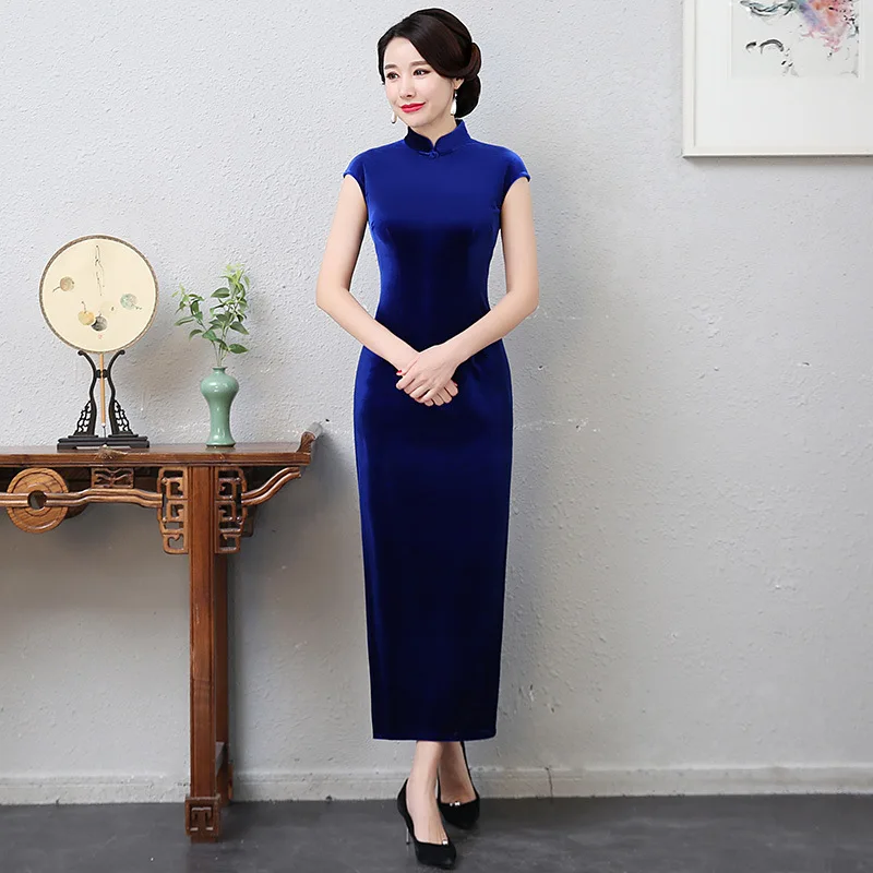 Однотонное черное платье с коротким рукавом Cheongsam сексуальное тонкое длинное платье с разрезом Qipao зимнее бархатное платье для сцены