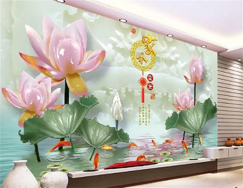 Фотообои на заказ 3d Фреска для гостиной Китайский Лотос девять рыбок фото диван
