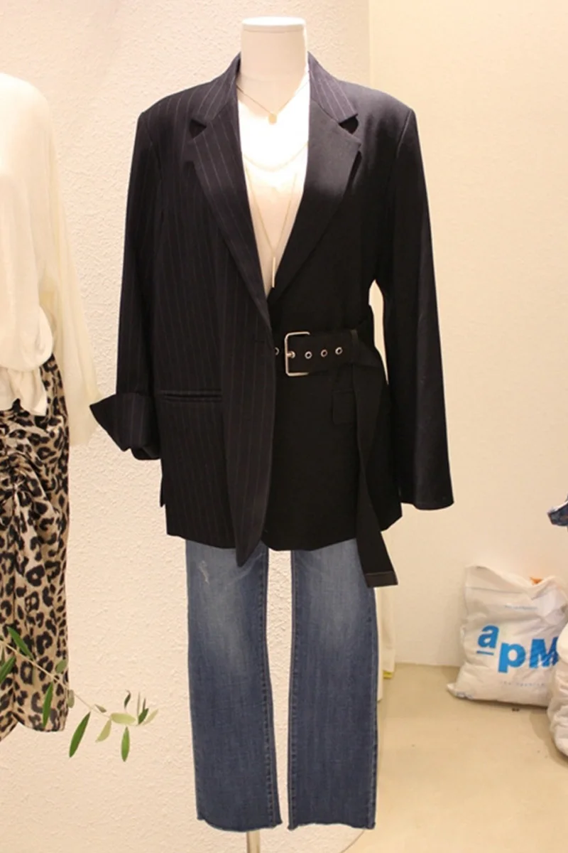 Z-ZOUX Women Coat Stripe Color Matching Belt Suit Black Irregular Loose Casual Blazer Coats 2018 New Fashion Vintage |