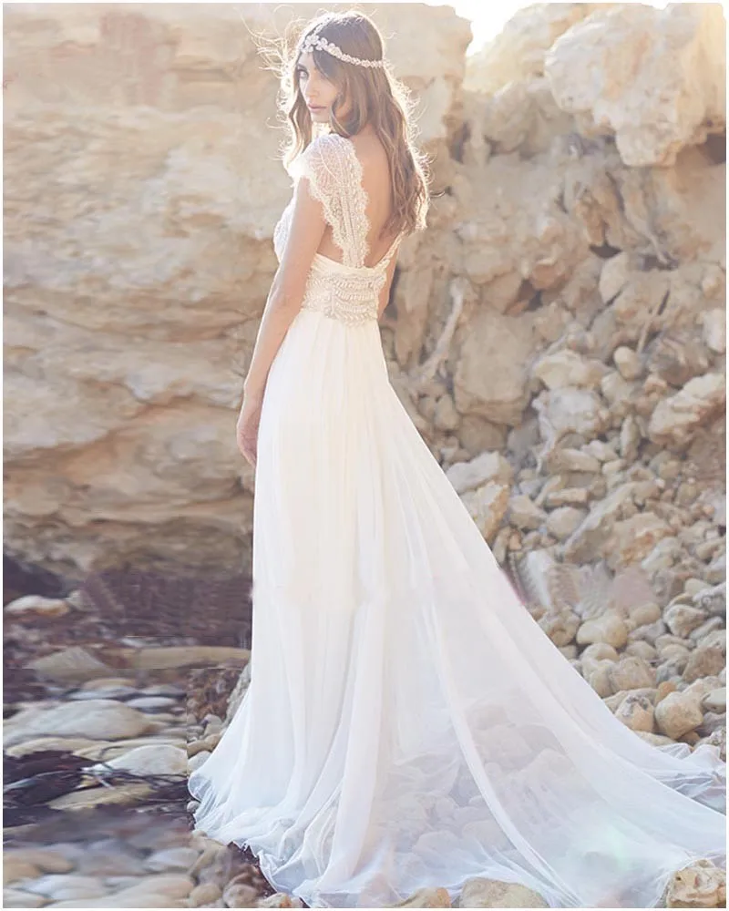 Robe mariage белое шифоновое пляжное богемное свадебное платье с открытой спиной кружевное богемное свадебное платье с v-образным вырезом и бисером Vestido de novia