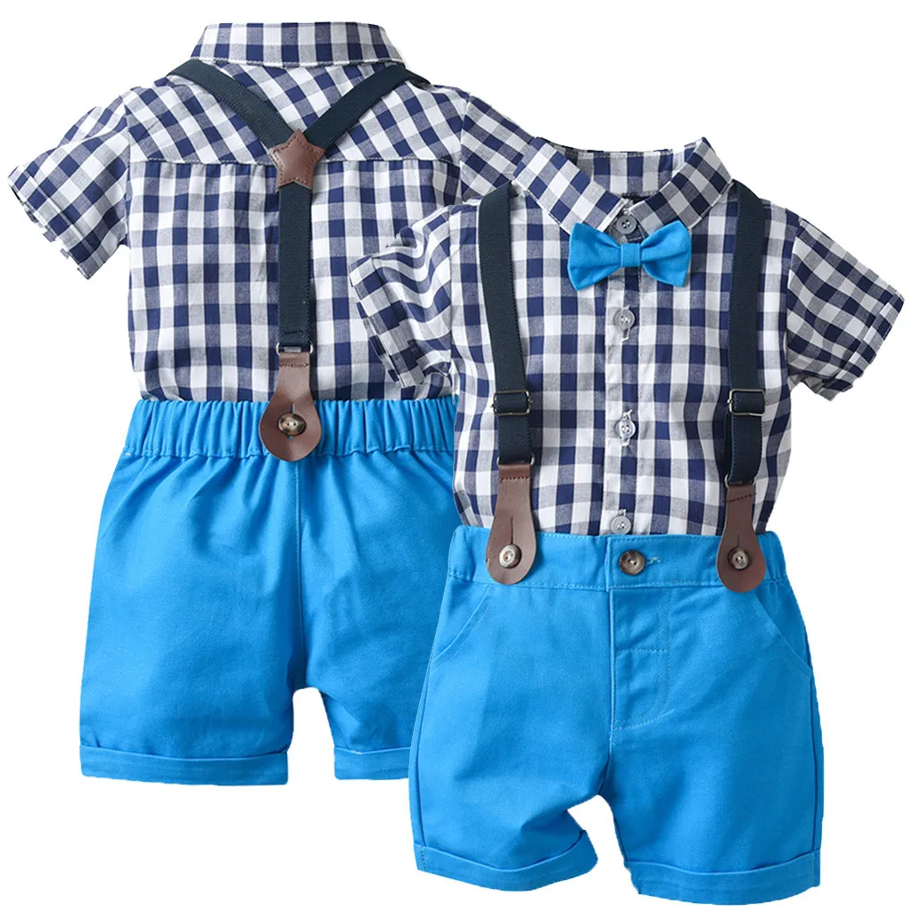 Комплект летней хлопковой одежды в клеточку с галстуком-бабочкой для маленьких