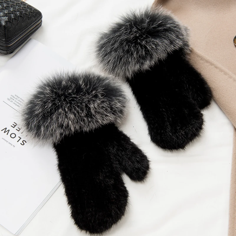 ZDFURS* брендовые модные зимние женские перчатки из натурального меха норки, вязаные варежки, толстые теплые меховые перчатки и варежки - Цвет: Black