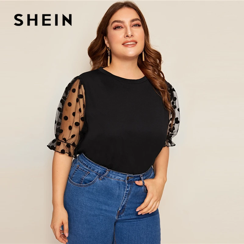 SHEIN размера плюс черный швейцарский из сетчатой ткани в горошек с длинными рукавами Однотонная футболка Для женщин летние Повседневное половина с буфами на рукавах контрастная сетчатая рубашка с круглым вырезом