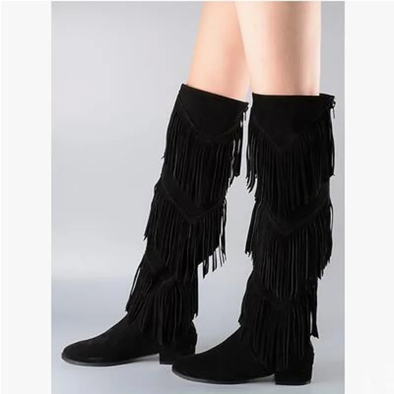 Unique Bohemia Nubuck Genuine Leather Fringe Thigh High Boots Over The Knee Motorcycle Native Shoes Woman Winter Botas 2015 | Обувь