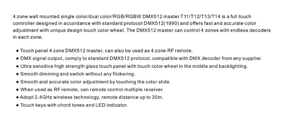 Новая T14 настенная сенсорная панель DMX master и DMX CV декодер 100 V-240 V 4 Zone 2,4 GHz RF Беспроводная+ DMX Led rgbw контроллер полосы