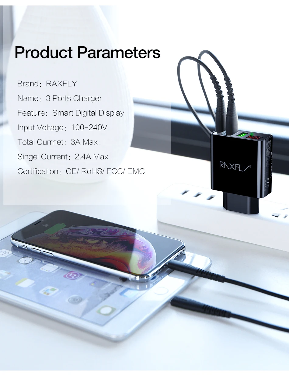Универсальный usb-адаптер RAXFLY, светодиодный, цифровой, 3 порта, зарядное устройство для мобильного телефона для iPhone, Xiaomi, EU, US, настенное зарядное устройство для путешествий, s