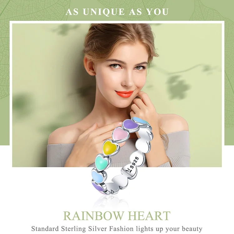 WOSTU Hot Sale 925 Sterling Silver Multi-Color Rainbow Heart Finger Rings For Women Fashion Anniversary Ring Jewelry Gift CQR444