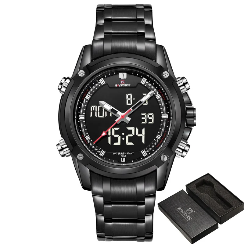 Black White add box Мужские часы NAVIFORCE, брендовые, спортивные, полностью стальные, кварцевые, аналоговые, светодиодный, часы Reloj Hombre, армейские, военные, наручные часы, Relogio Masculino - Цвет: Black White add box