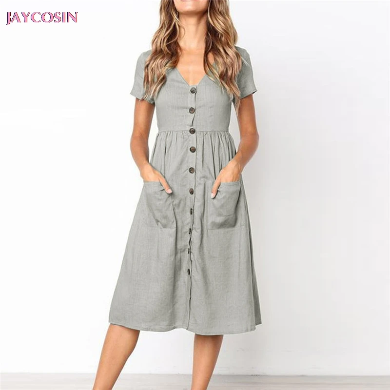 Женское вечернее платье на пуговицах однотонное пляжное с карманами и поясом