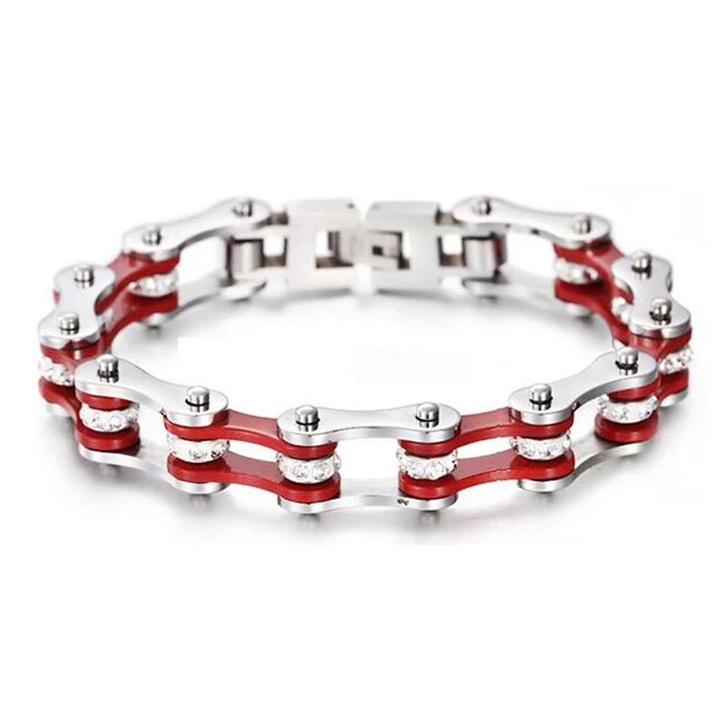 Silver Red Панк розовый велосипедный браслет для велосипедной цепи для женщин мужчин из нержавеющей стали 316L Женский Кристалл мотоциклетная Байкерская цепь браслеты ювелирные изделия - Окраска металла: Silver Red