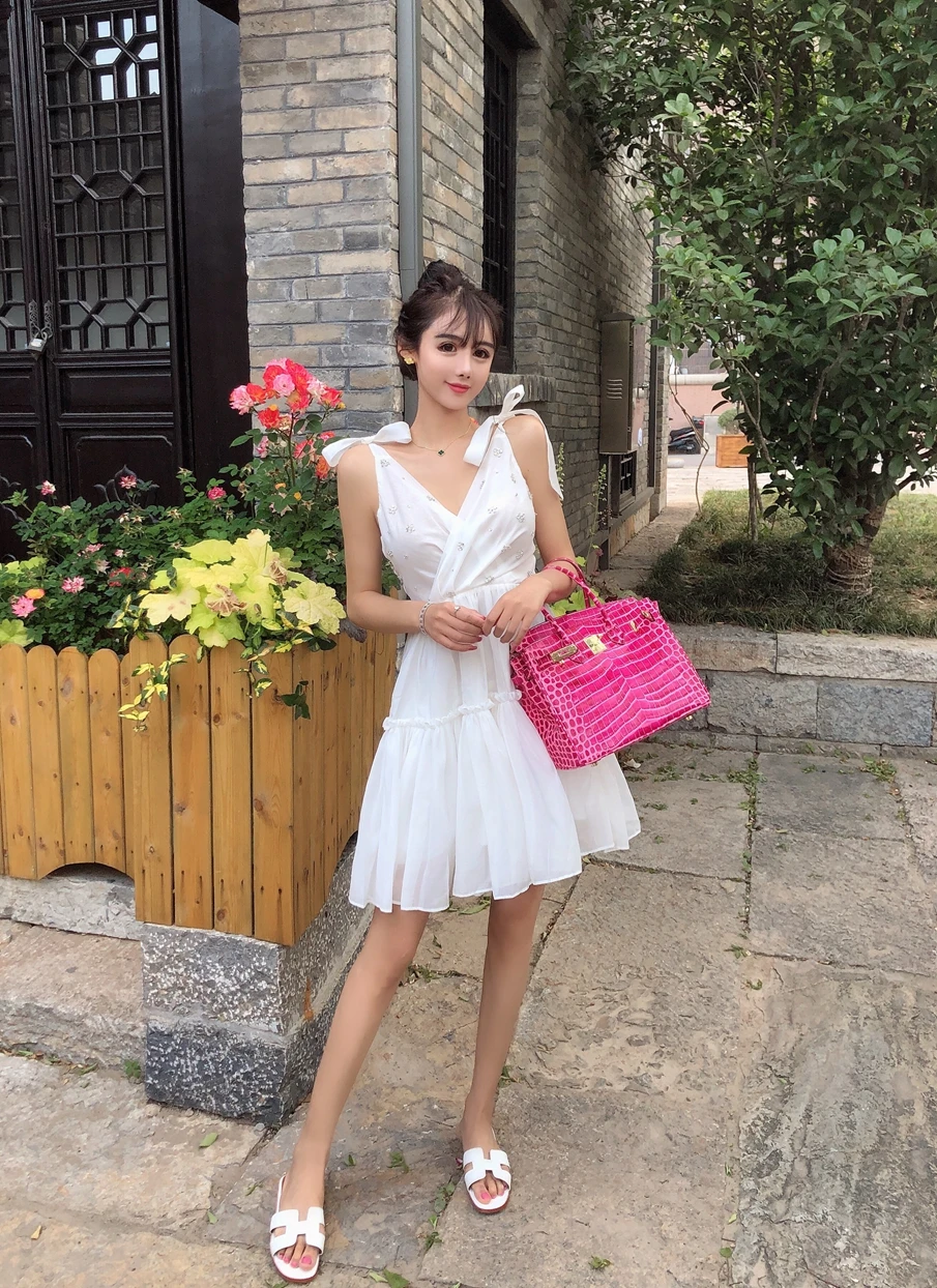 Новинка 2019 г. летнее платье высокой моды очень милое сказочное белое с бантом на