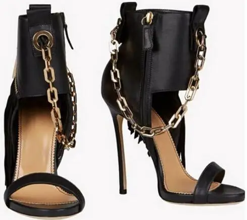 

Hot selling black leather high heel sandal summer open toe chains decorations gladiator sandal woman cutouts thin heels shoe