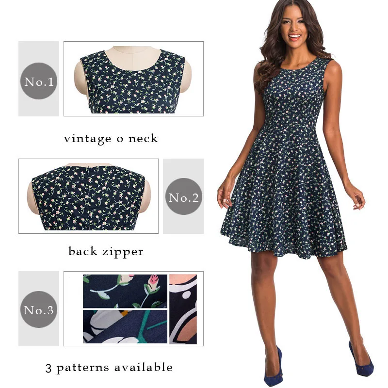 Nice-forever в ретро-стиле 1950-х с цветочным принтом, круглым вырезом и принтом vestidos без рукавов А-силуэта женские расклешенные вечерние Для женщин весеннее платье A086