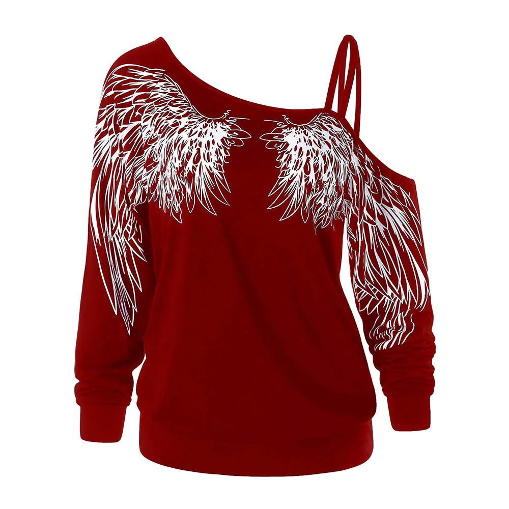 VESTLINDA на одно плечо с принтом крыла длинным рукавом топ Женская Повседневная