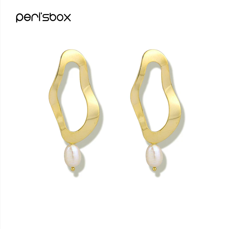 Серьги-кольца Peri'sBox золотистого цвета с подвесным жемчугом, Необычные массивные серьги для женщин, богемные геометрические серьги