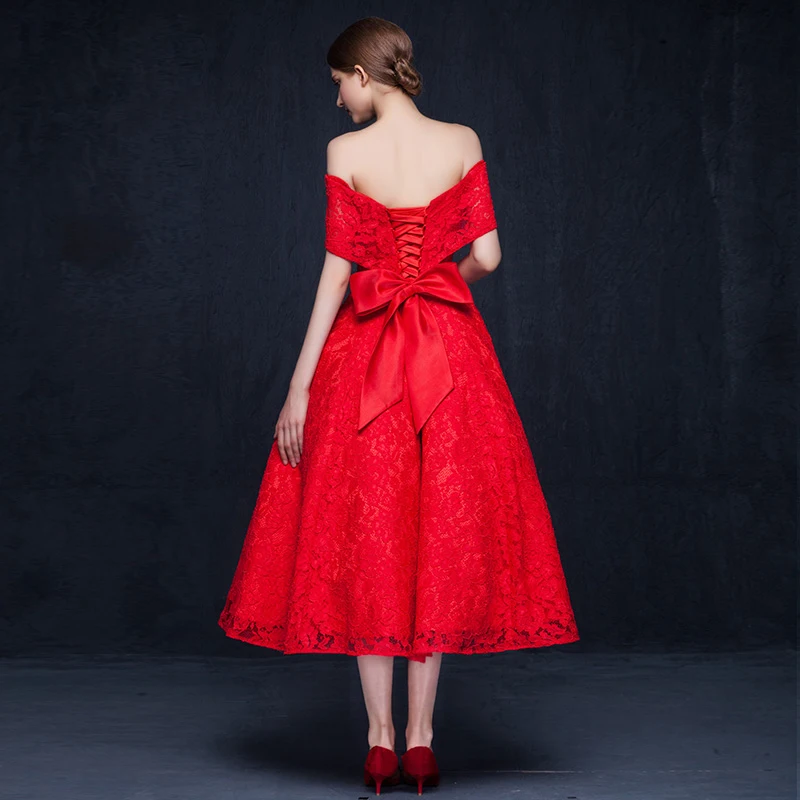 Romance Off the Shoulder Bow Lace Red Wedding Dresses Tea Length Ball Gowns vestidos de novia | Свадьбы и торжества