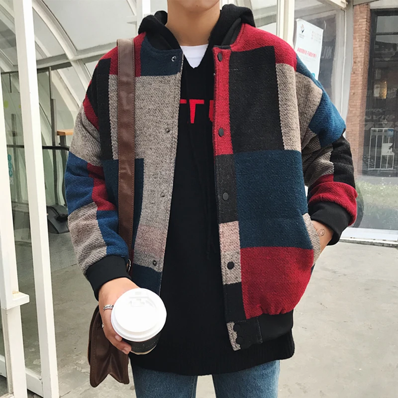 Мужская шерстяная куртка бомбер INS корейский Клетчатый в стиле Харадзюку зимнее