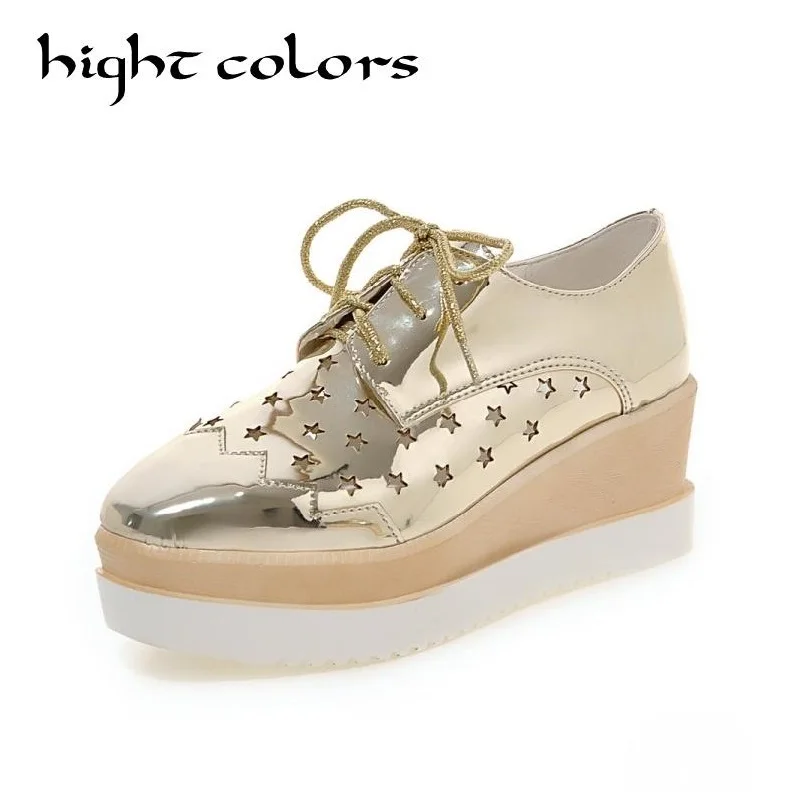 

Europe America Fashion Star Cutout Lace Up High Heel Shoes For Women Square Toe Platform Wedges Brogue Oxford Casual Shoes US 10