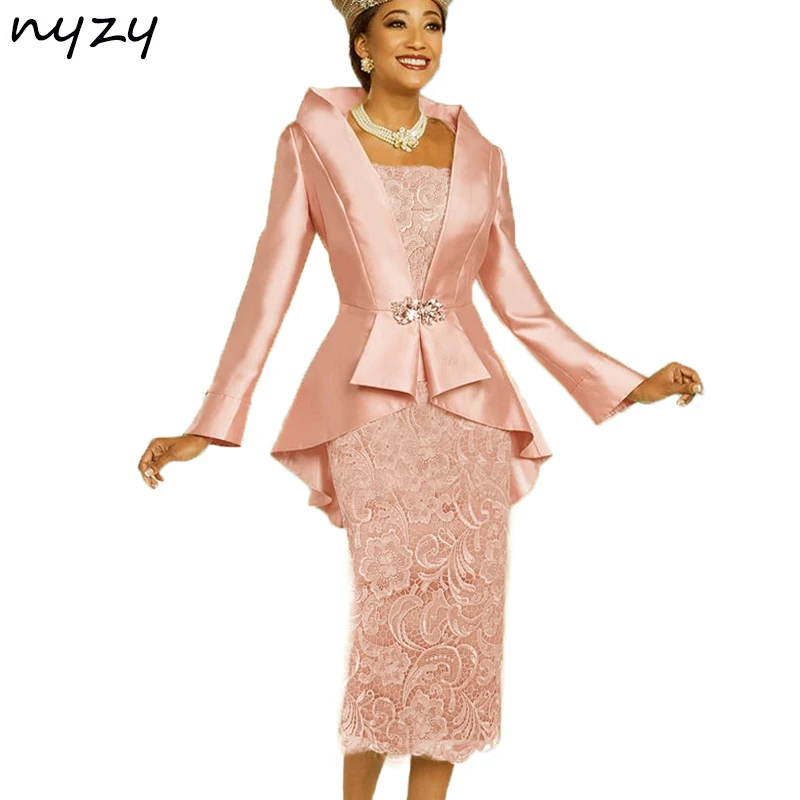 NYZY M23 Elegant Tea Length 2019 Two Piece Mother of the Bride Dresses with Jacket Bolero Groom Mother Lace Gown Wedding Party