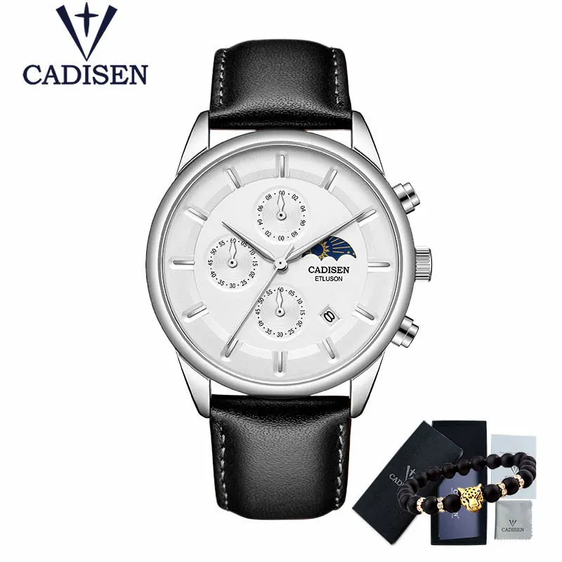 Silver white L Black CADISEN мужские часы s мужские модные повседневные кожаные часы мужские водонепроницаемые наручные часы Moon phase Relogio Masculino - Цвет: Silver white L Black