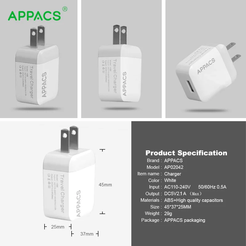 APPACS 5V 2.1A Смарт путешествия USB зарядное устройство адаптер стены Портативный США