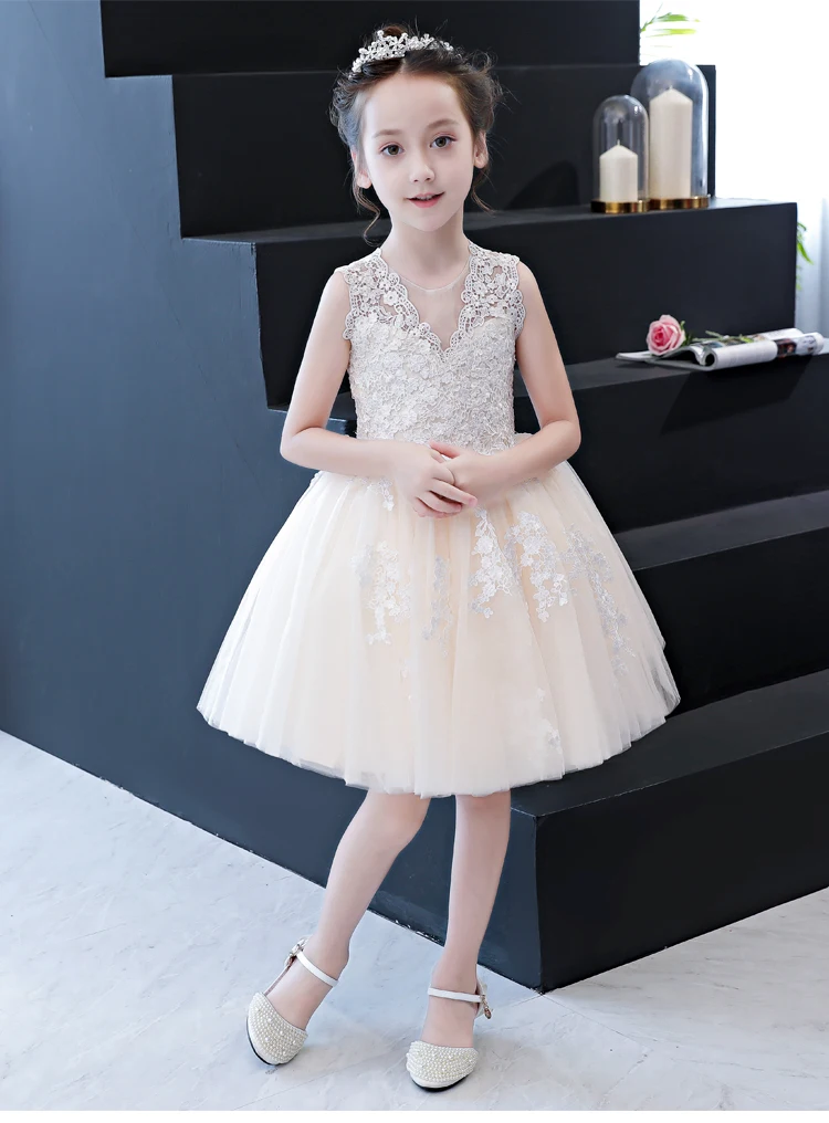 Champagne Lace Summer Girl Dress Flower for Wedding Birthday V-Neck Pageant Princess Gown First Communion | Детская одежда и обувь