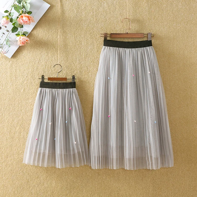 2019 Spring Pearls Lace Skirt for mother &amp daughter Little Girl Mid-Calf Mesh Skirts Toddler Bead Family Outfit High Waist | Мать и