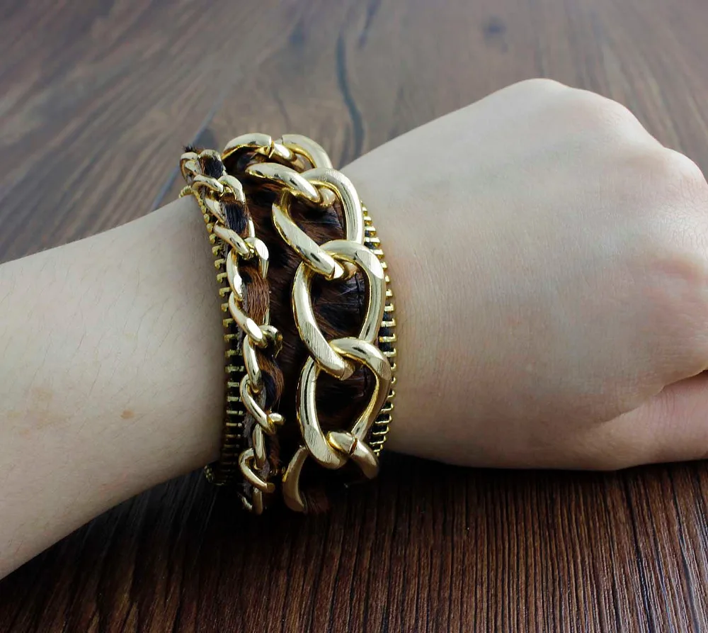 Fashion Cool Women's Brown Leopard Leather Cuff Bracelet with Gold Metal Chain JI07 | Украшения и аксессуары