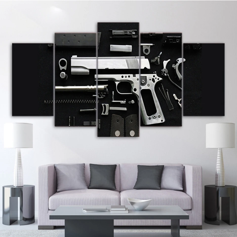 

HD Printed Canvas Wall Art Pictures Living Room Home Decoration 5 Pieces Silver Pistol Weapon Painting Modular Poster Framework