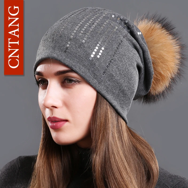Шапка CNTANG женская с круглыми блестками Модная хлопковая бини помпоном из
