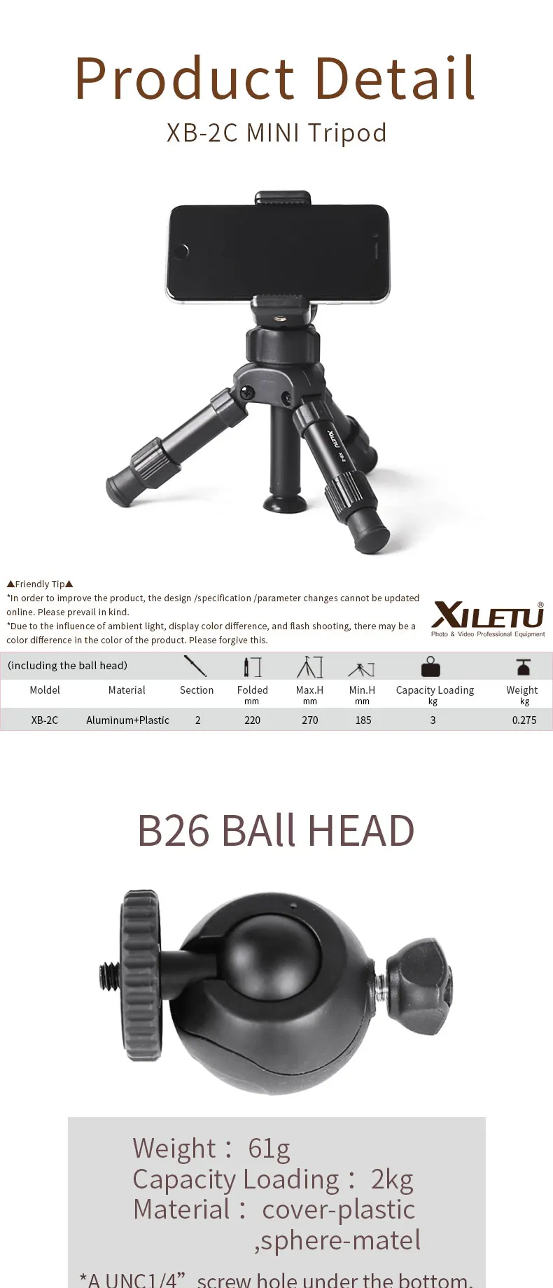 XILETU XB-2C Мини Гибкий портативный легкий Настольный Штатив для GoPro DSLR и смартфонов
