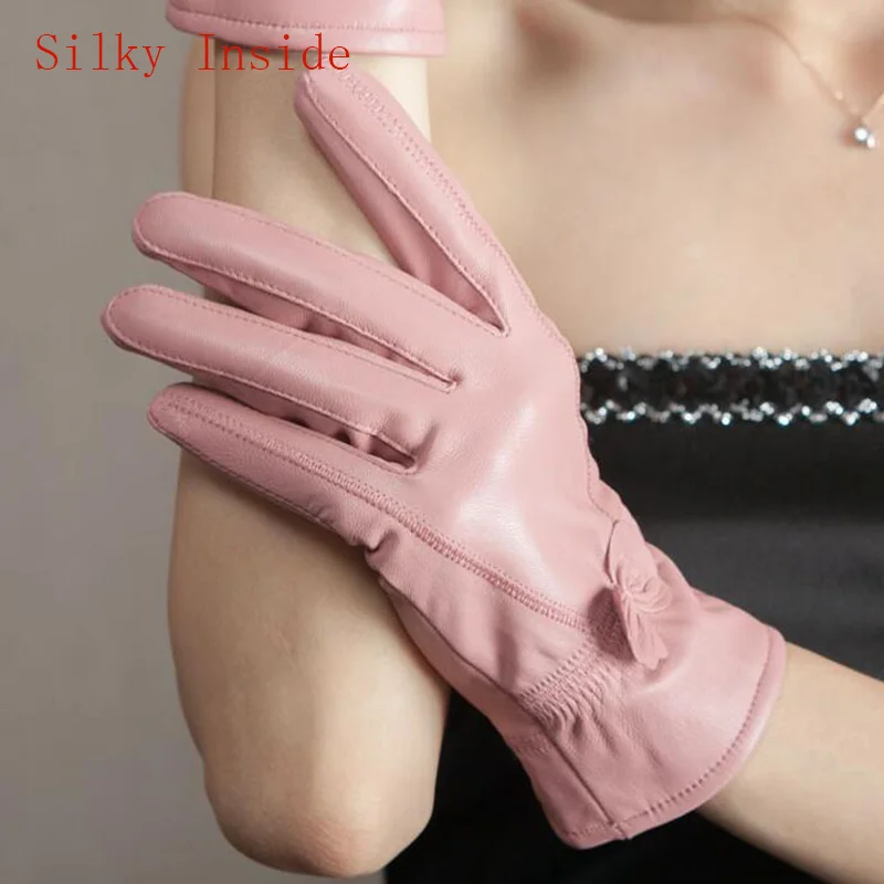 Silky Pink Женская обувь из натуральной кожи; из овечьей кожи бабочка knotl перчатки женские зимние тонкие/плотная обувь с подкладкой из плюша, кашемир теплый спортивный костюм с водительские перчатки L74 - Цвет: Silky Pink