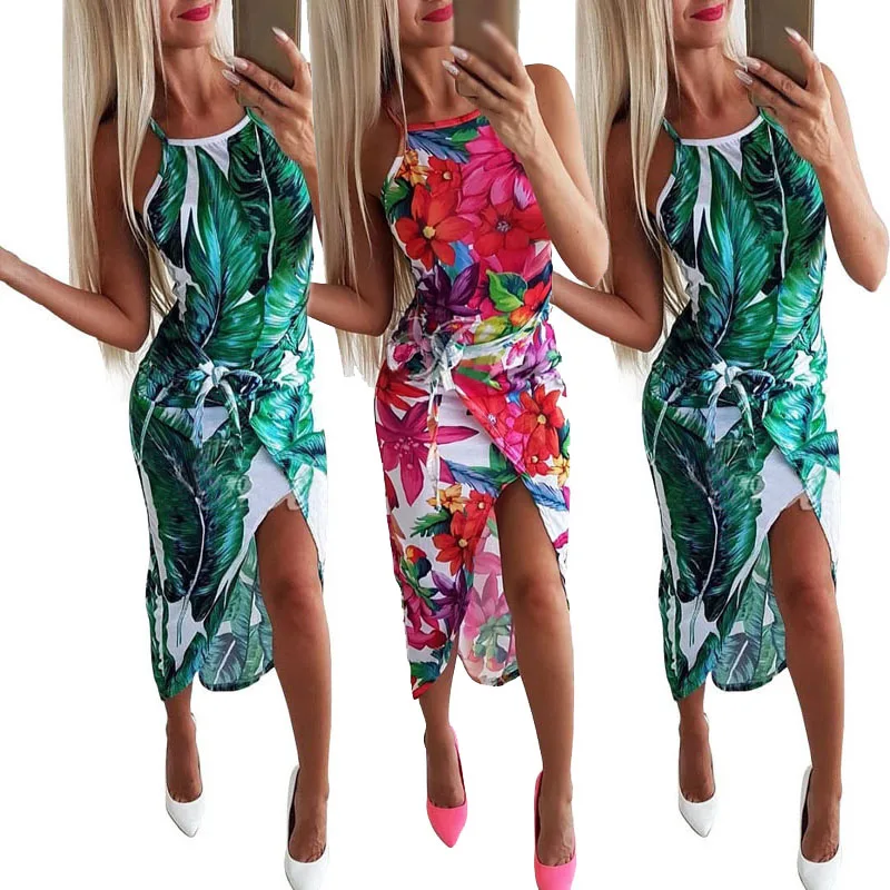 Летний пикантный зауженный без рукавов Спагетти ремни печатных платье Пляжная