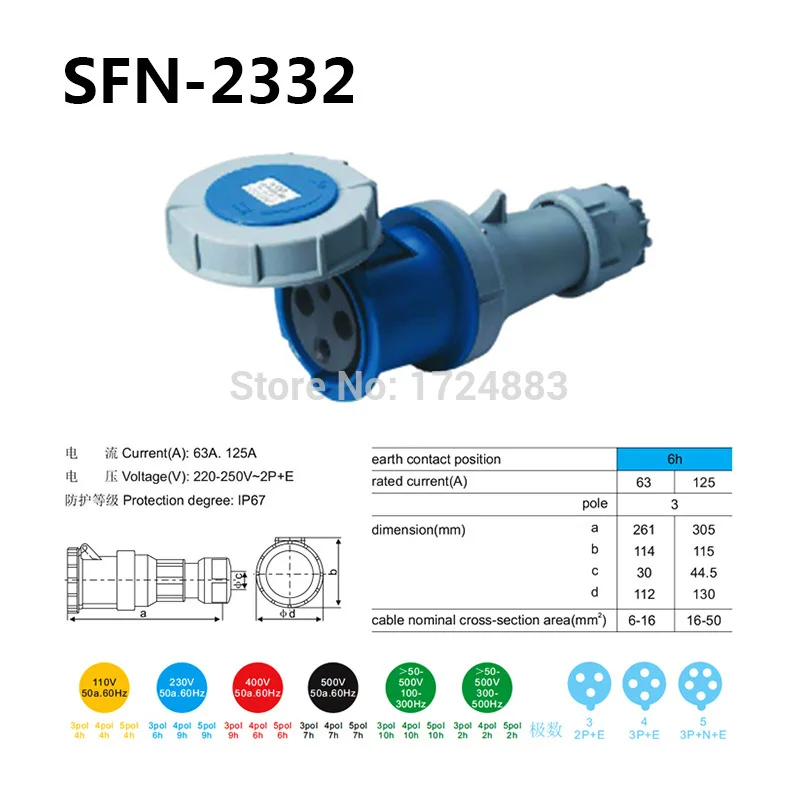 63A 3-полюсный разъем Промышленные мужские и женские вилки SFN-0332/SFN-2332