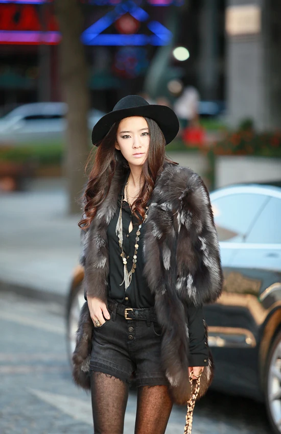 Шуба женская длинная из натурального меха лисы большие размеры J310025|silver fox coat|fox