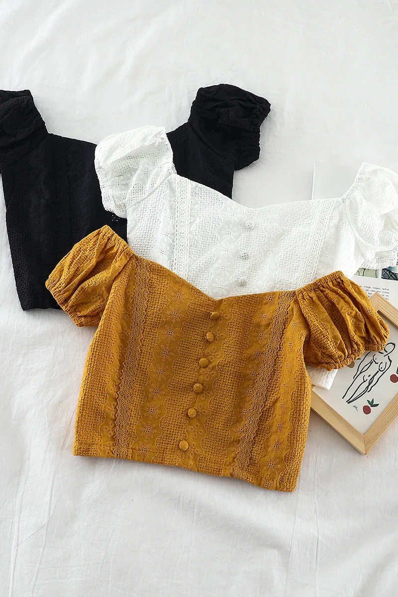 2019 Новая мода Женские blusas свежий футболка с пышными рукавами v образным вырезом