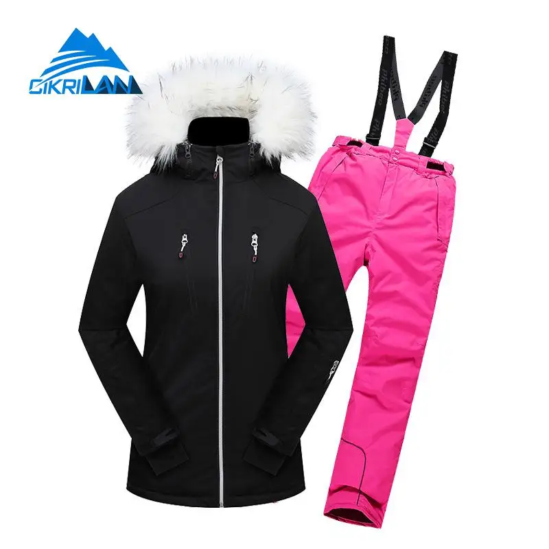 

Winter Waterproof Windstopper Outdoor Ski Suit Women Sport Snowboard Skiing Set Fur Collar Cotton Padded Thick Jacket Snow Pants