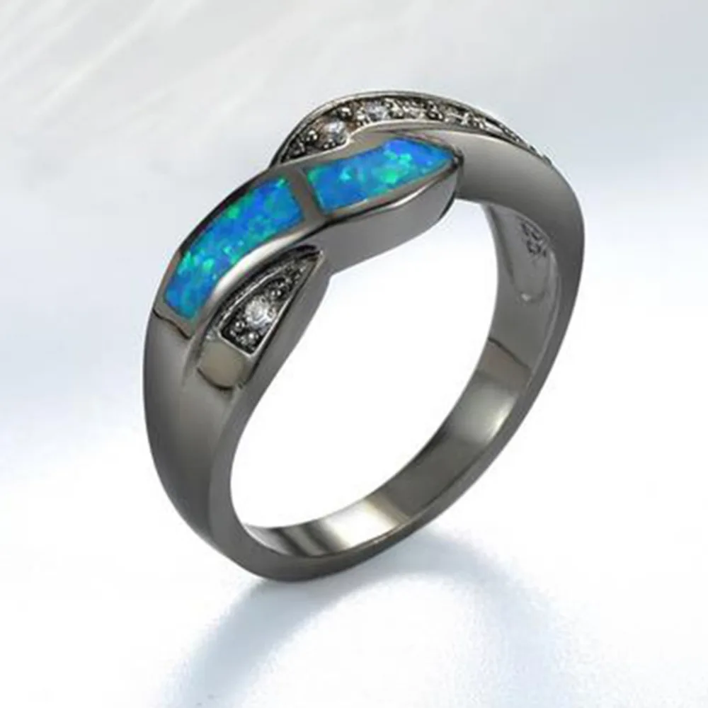 Для женщин волнистые синий огненный опал CZ Крест обручальное кольцо 10kt черное