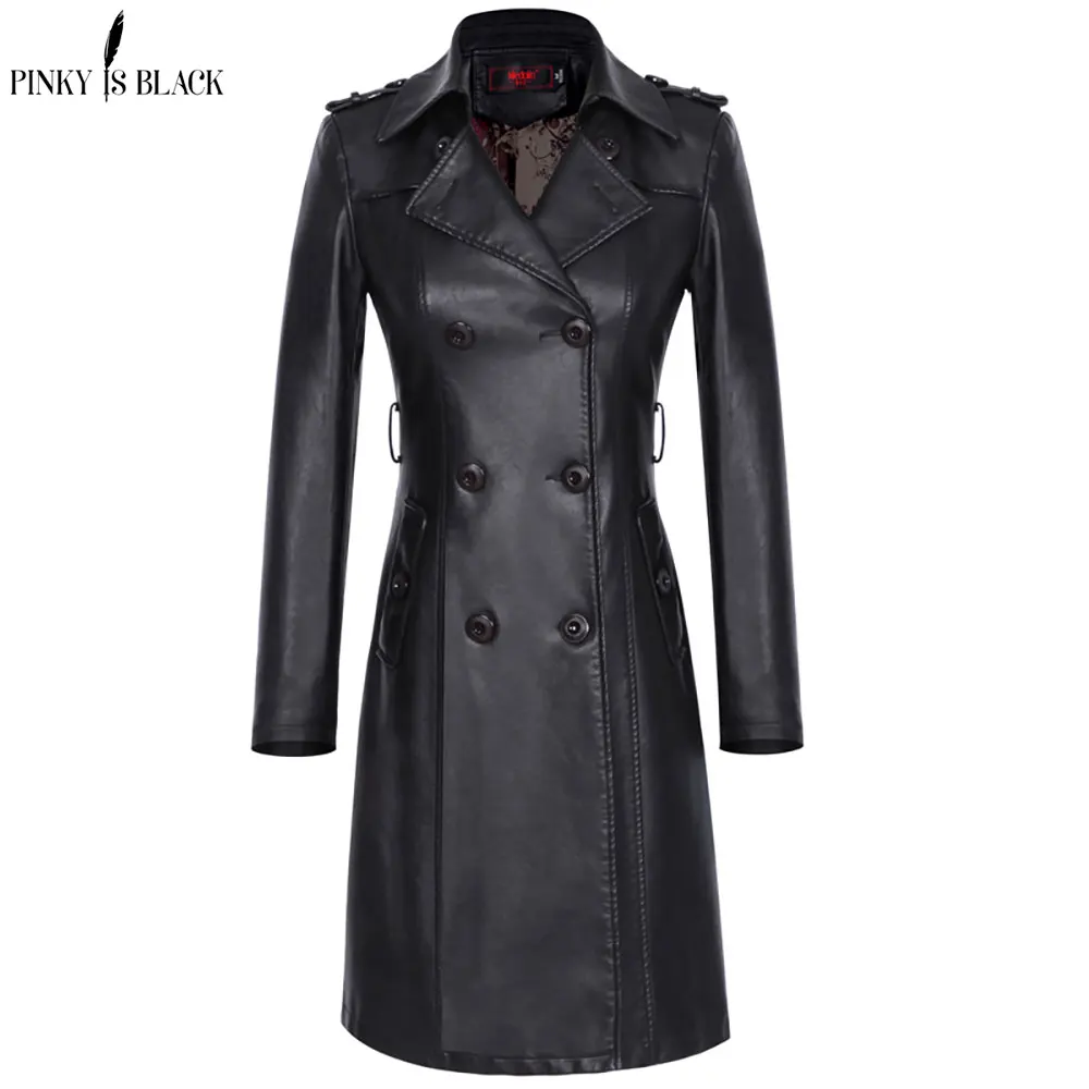PinkyIsblack 2022 New Spring Women Long Leather Jacket Slim Belt Motorcycle PU Leather Long Jacket Coat Leather Trench