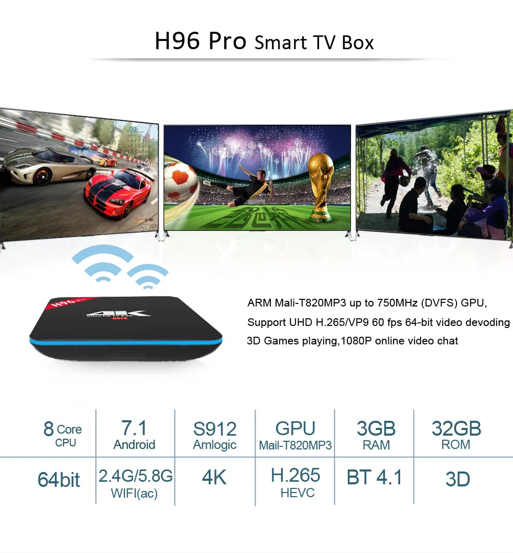 H96 Pro tv Box Amlogic S912 3 ГБ 32 ГБ Восьмиядерный Android 7,1 OS BT 4,1 2,4 ГГц+ 5,8 ггц WiFi мини ПК медиаплеер смарт-приставка