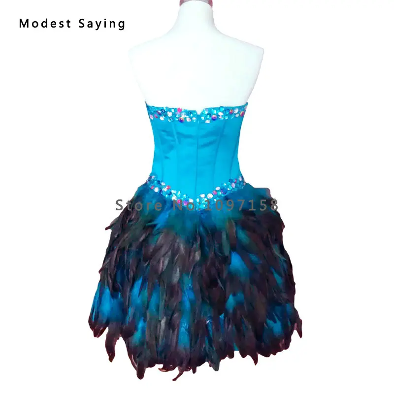 Роскошные Синие Короткие коктейльные платья а силуэта с перьями модель 2017 года