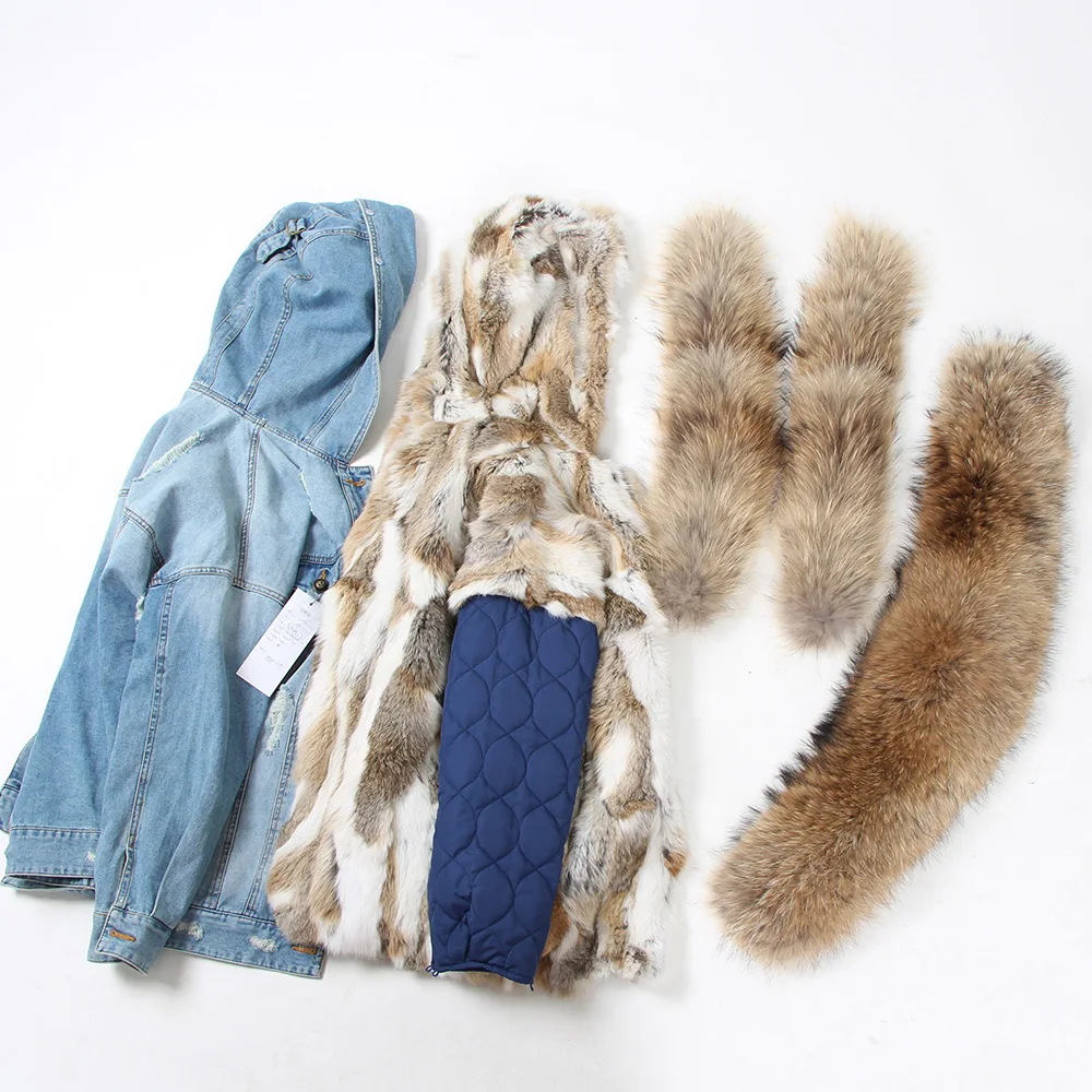 Maomaokong Denim Jacket Parka Winter Women Parkas Real Fur Collar Coat Natural Raccoon Fur Hood Real Rabbit Fur Liner Luxury images - 6
