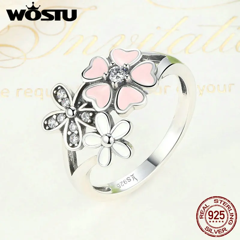 WOSTU, 925 пробы, серебряные поэтические ромашки, вишневый цвет, свадебные кольца для женщин, S925 Серебряное кольцо, ювелирное изделие, подарок для влюбленных, CQR004