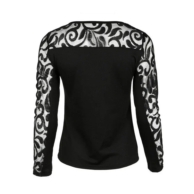 CALOFE черный кружево Футболка для женщин с длинным рукавом О образным вырезом 2019