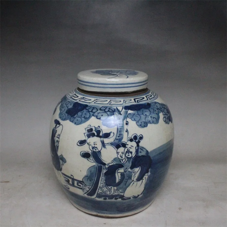 9 античный фарфоровый горшок циндинастии сине-белая банка с тремя феями ручная