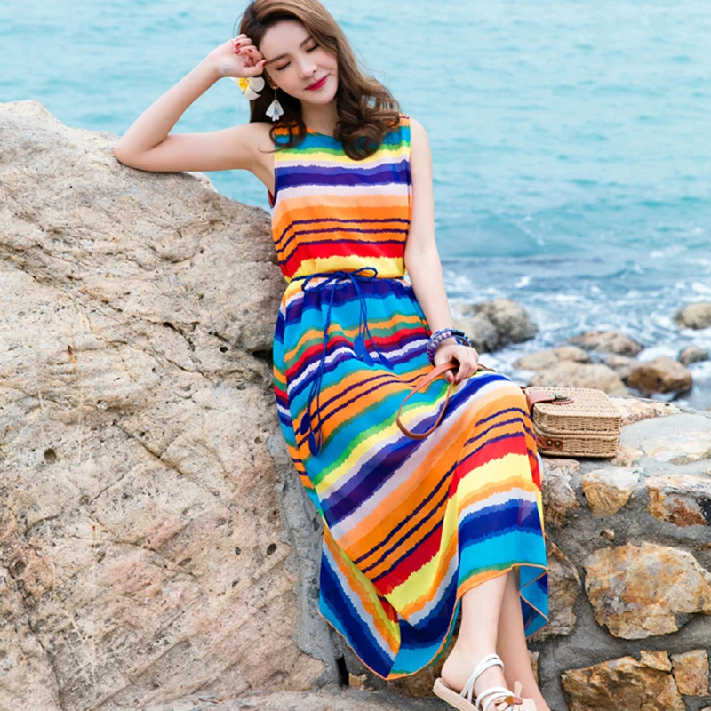 Women Summer Dress 2020 New Fashion Large size Womens Printing Rainbow color Sleeveless Loose Ladies KO54 | Женская одежда