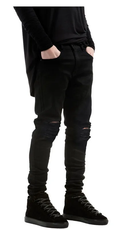 High Street Pure Black Trim Pencil Pants Elastic Jeans Men Slim Solid Hole Distressed | Мужская одежда