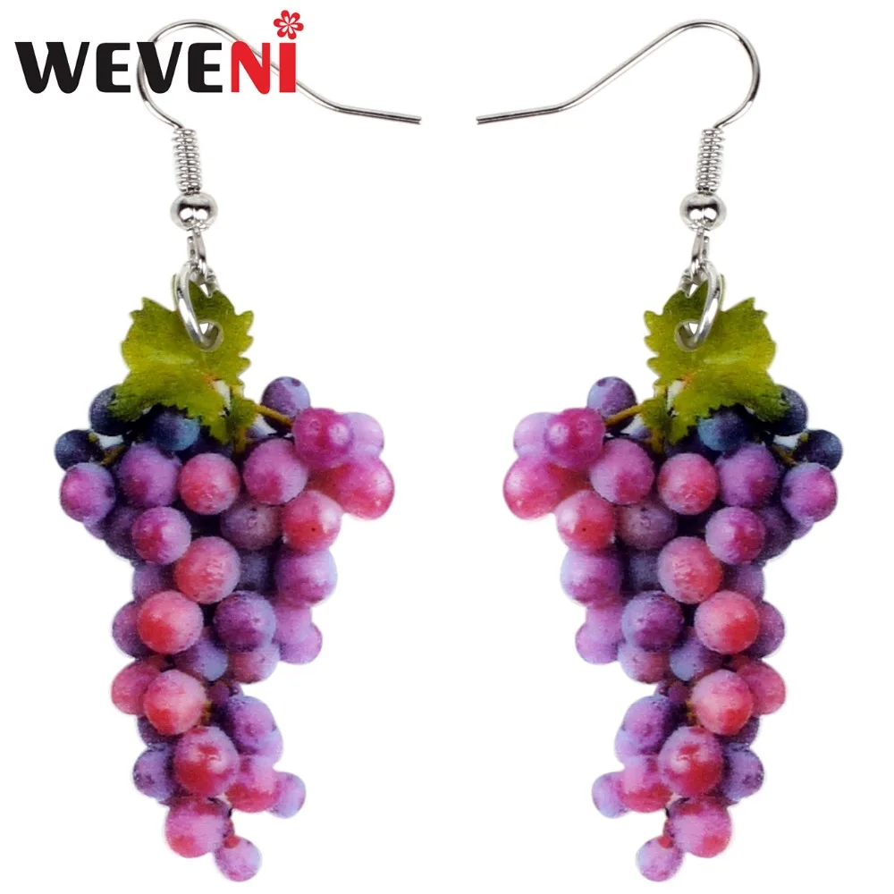 WEVENI Acrylic Sweet A Bunch Of Grape Earrings Big Long Dangle Drop Fashion Tropic Fruit Jewelry For Women Girls Ladies Summer