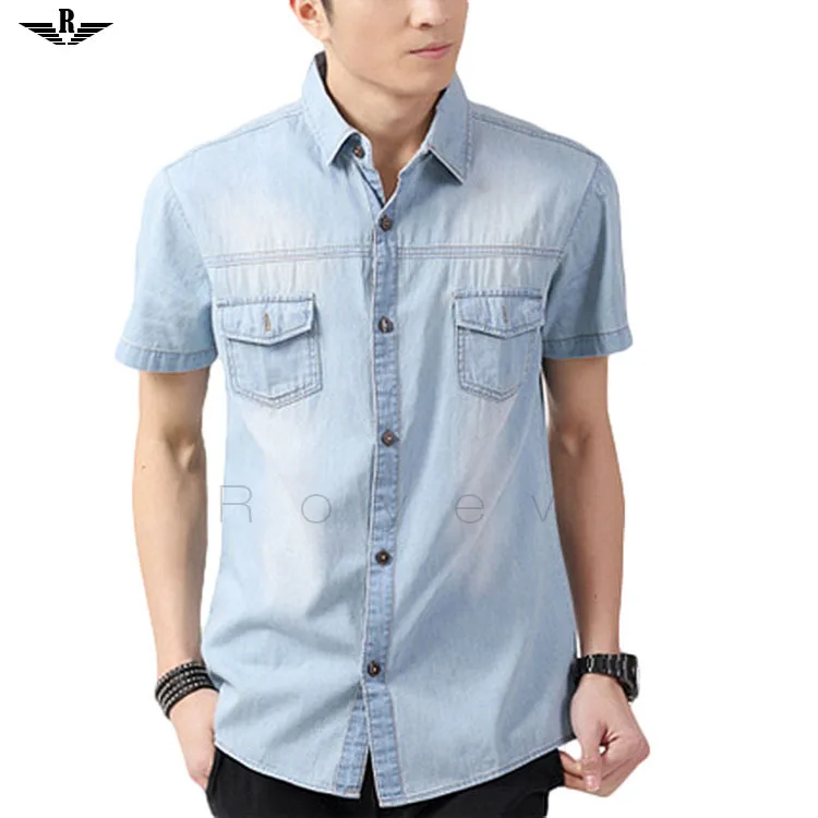 Men Shirt 2015 Brand Denim Male Casual Short Sleeve Fashion Cotton Solid Turndown Collar Pocket Washed Jeans Shirts - купить по